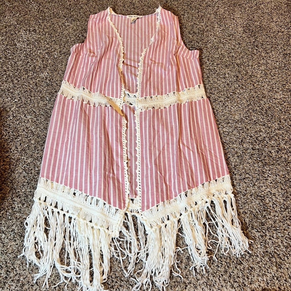 Indigo Thread Co Striped Crochet Fringe Vest Kimono Boho Festival M